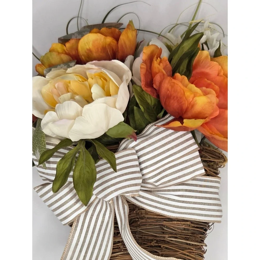 Ashland‎ Fall Peony Floral Wall Hanging Grapevine Straw Basket Farmhouse Country